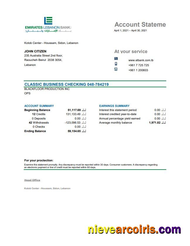 Lebanon Emirates Lebanon Bank statement in Excel and PDF format, good for address prove